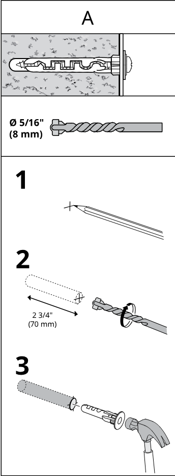 Illustration for assembly note: Panel A shows fixing into solid wall type A with 5/16 in (8 mm) drill bit and three preparation steps including hole depth and inserting plug.