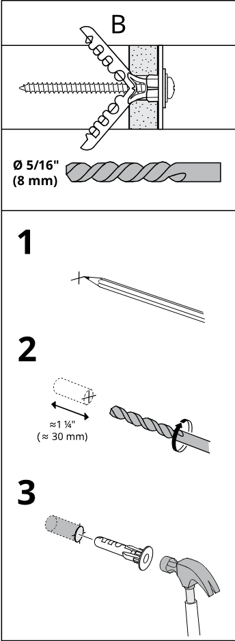 Illustration for assembly note: Panel B shows fixing into hollow wall type B with 5/16 in (8 mm) drill bit and three preparation steps including shorter depth and inserting plug.