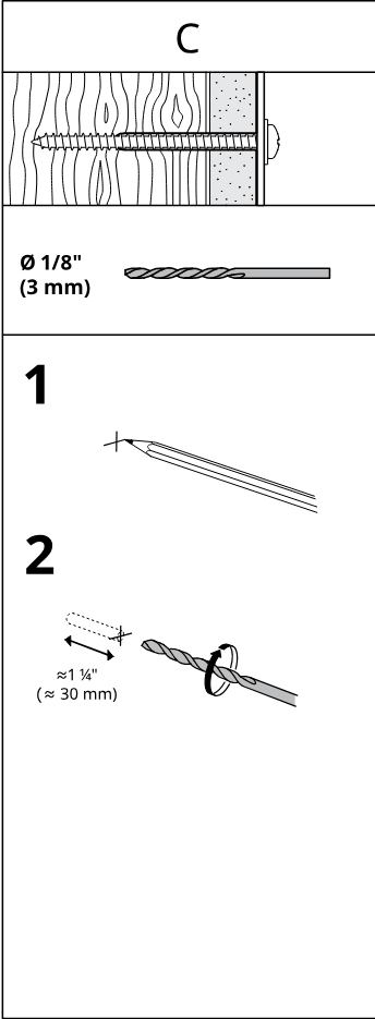 Illustration for assembly note: Panel C shows fixing into solid wood type C with 1/8 in (3 mm) drill bit and two preparation steps without wall plug.