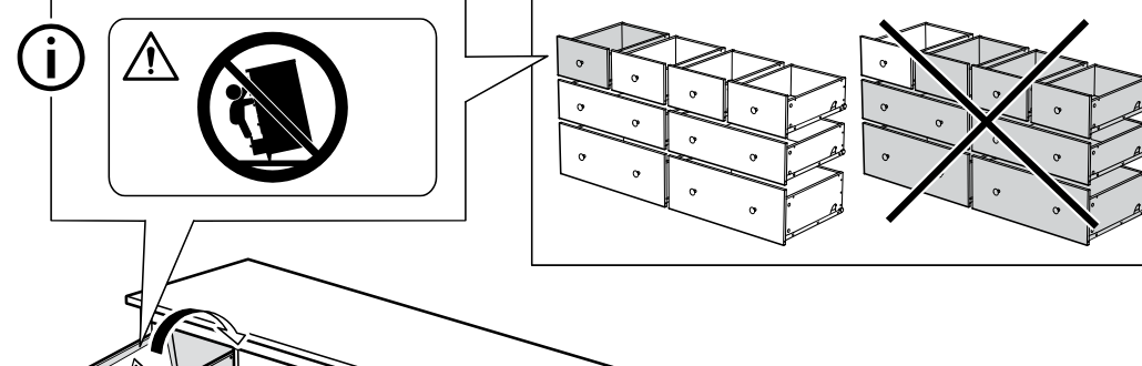 Illustration for assembly note: A freestanding information panel warns about tip-over risk and shows that drawers should not be opened in an unstable stacked arrangement.
