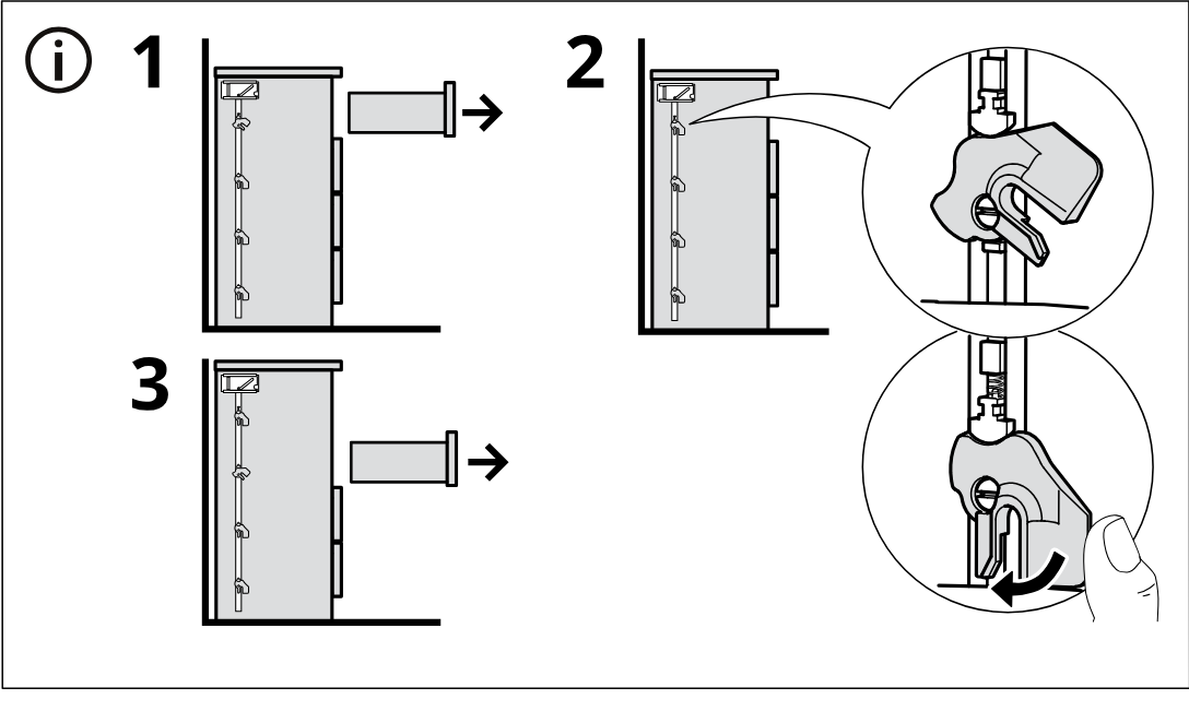 Illustration for assembly note: A standalone circled-information panel shows a three-part sequence for attaching and adjusting a cabinet door hinge/soft-close component, including insertion, clip engagement, and final locking rotation with finger action.