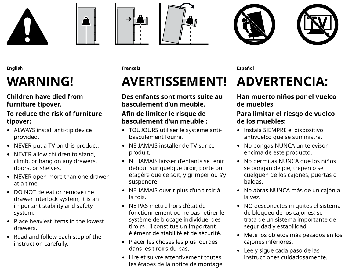 Illustration for assembly note: Full-page anti-tip safety warning panel with hazard icons and tipping-prevention instructions in English, French, and Spanish.