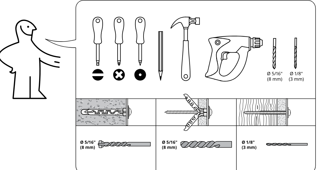 Illustration for assembly note: Preparation and wall-mounting guidance panel showing required tools, drill bit sizes for different wall materials, and anchor usage.
