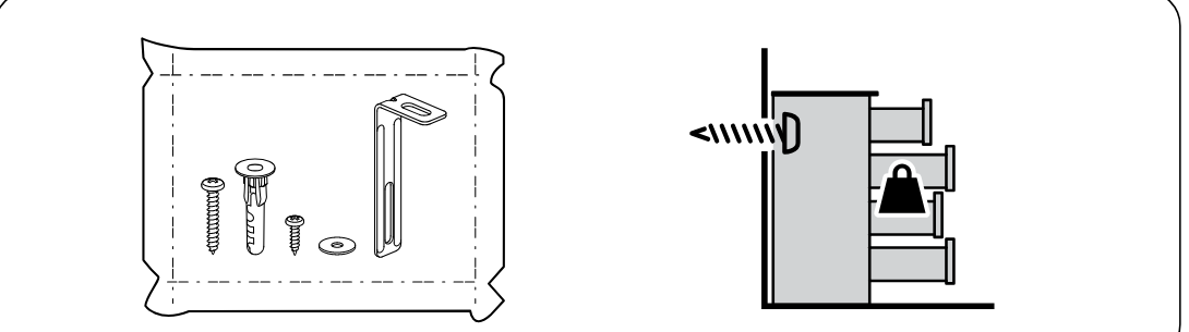 Illustration for assembly note: Hardware bag and load warning panel indicating wall attachment hardware and caution about loading when attached to wall.
