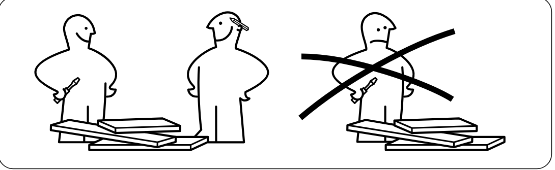 Illustration for assembly note: Safety panel showing two people required for assembly and not assembling alone.