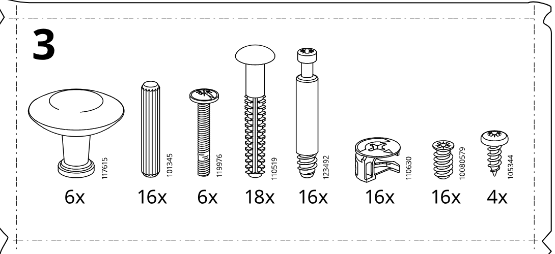 Illustration for assembly note: Parts-bag hardware panel labeled 3 showing required fasteners and fittings with quantities.