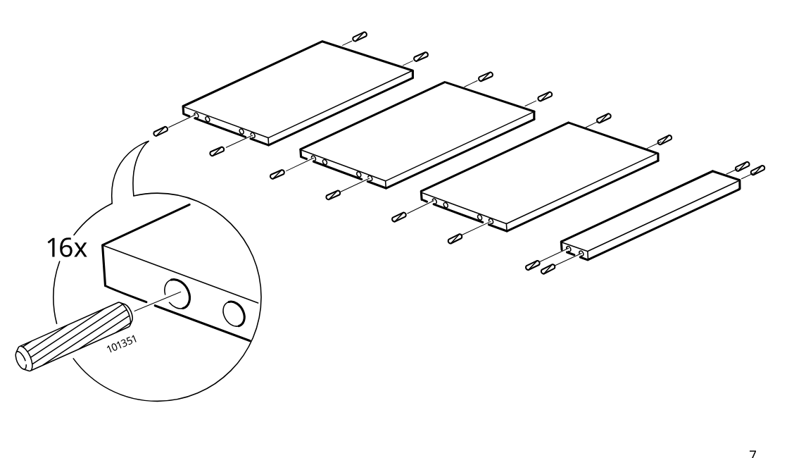 Diagram for step 1: Insert 16 wooden dowels into the predrilled edge holes of the shelf panels and the narrow rail as shown, with a zoom detail of the dowel placement.