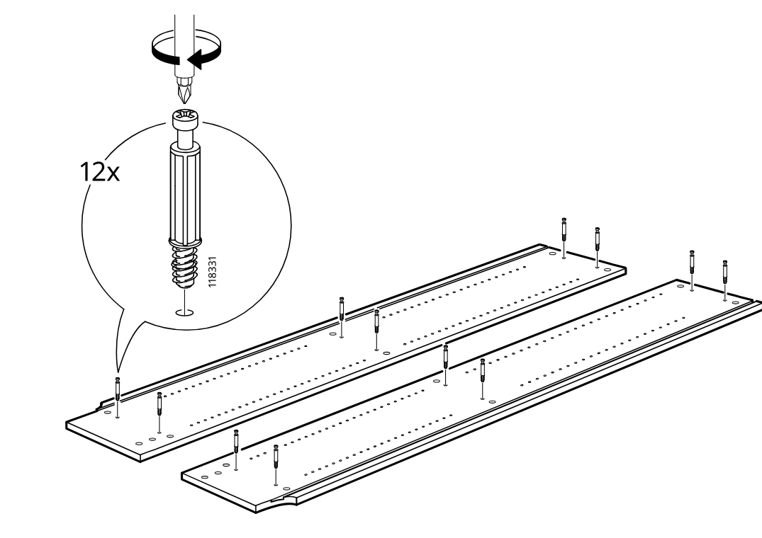 Diagram for step 2: Twelve screw studs are tightened into the predrilled holes of the long panels with a screwdriver.