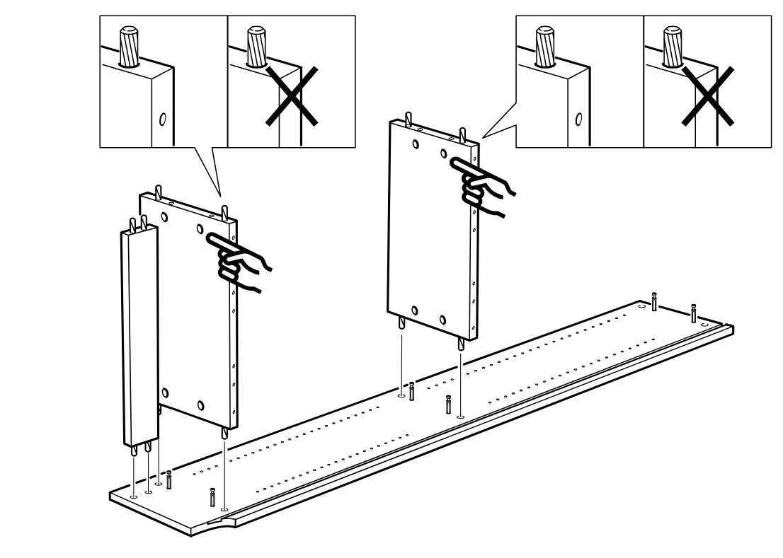 Diagram for step 3: Two upright side panels are aligned and lowered onto the connector pins of the long base panel, with inset comparisons showing the correct orientation of the dowels.