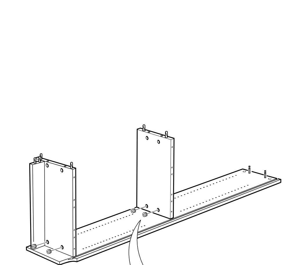 Diagram for step 4: Two vertical panels are positioned onto the long base panel and four cam locks are inserted and turned to secure the panels, as shown in the zoom callouts.