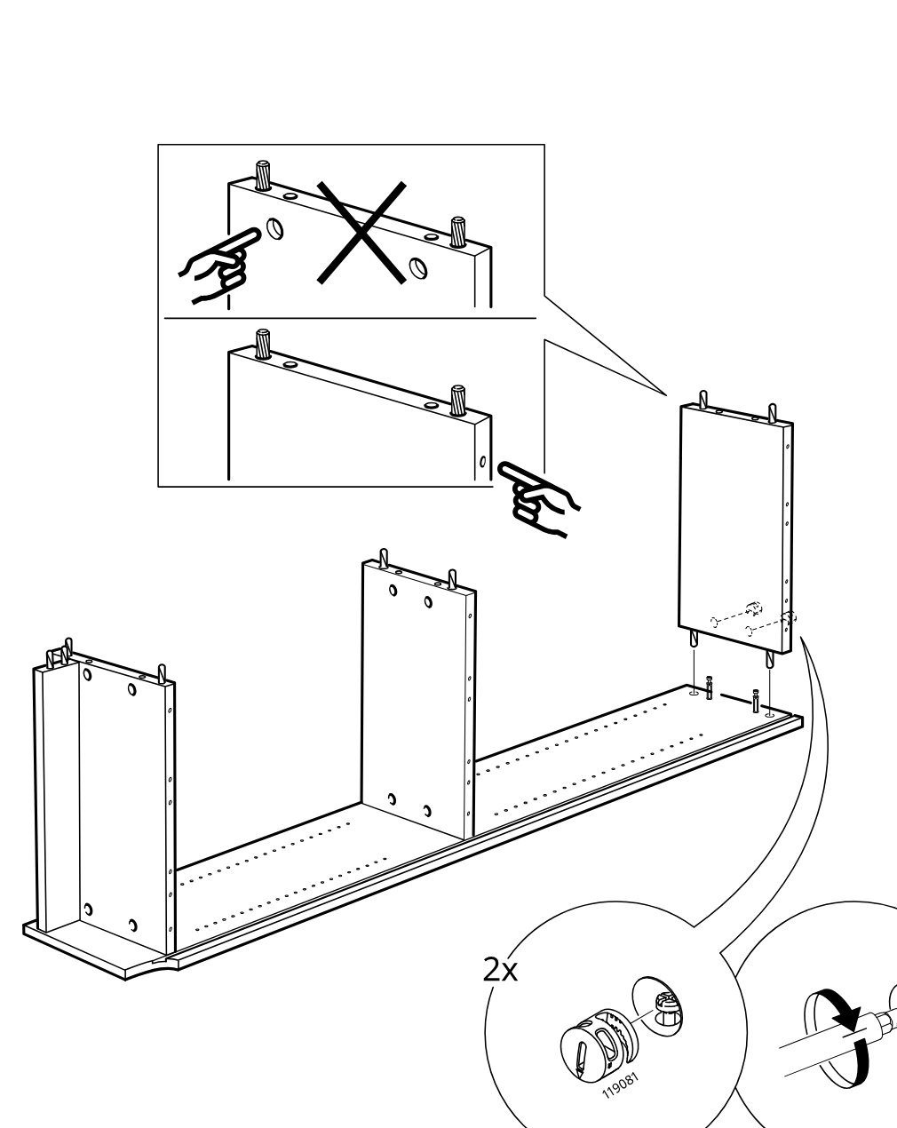 Diagram for step 5: Two side panels are positioned onto the base panel and the cam locks are inserted and turned to secure them, with one orientation reminder panel and two zoom callouts showing the cam hardware and tightening direction.