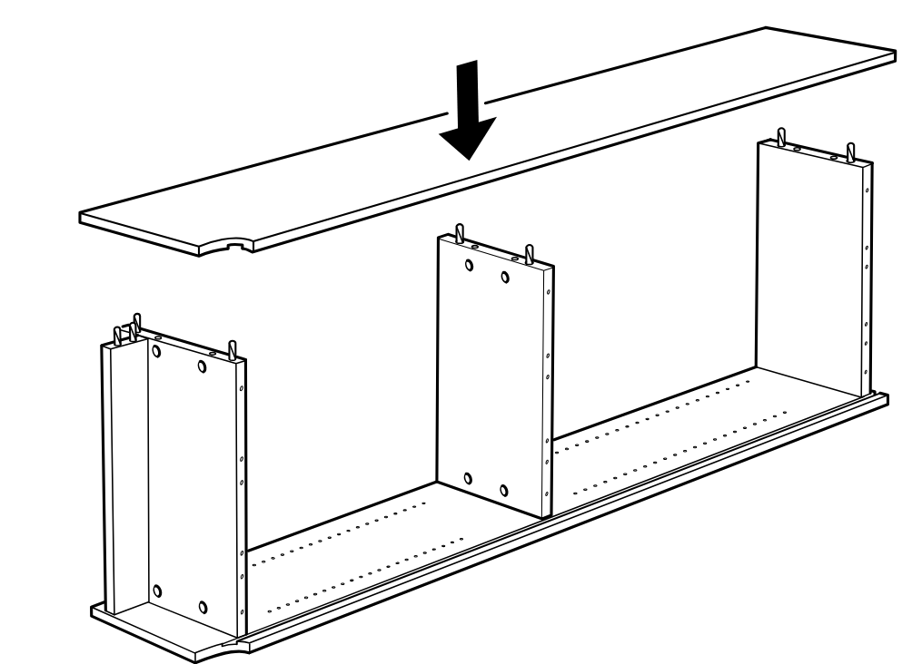 Diagram for step 6: The top panel is lowered onto the three upright dividers and side panels to form the cabinet frame.