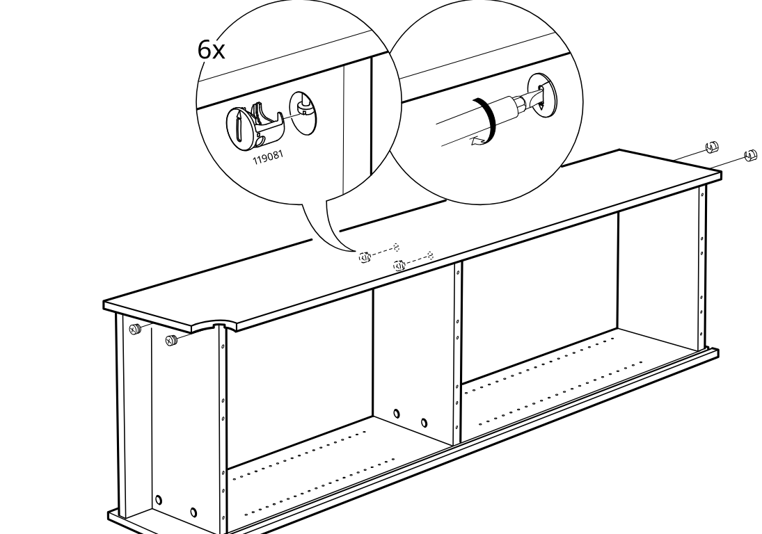 Diagram for step 7: Six cam locks are inserted into the top panel and turned to secure the top to the side and center panels.
