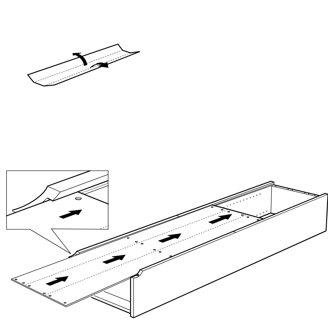 Diagram for step 8: Slide the long bottom panel into the grooves of the side assembly while keeping the folded edge oriented correctly, as shown in the inset.