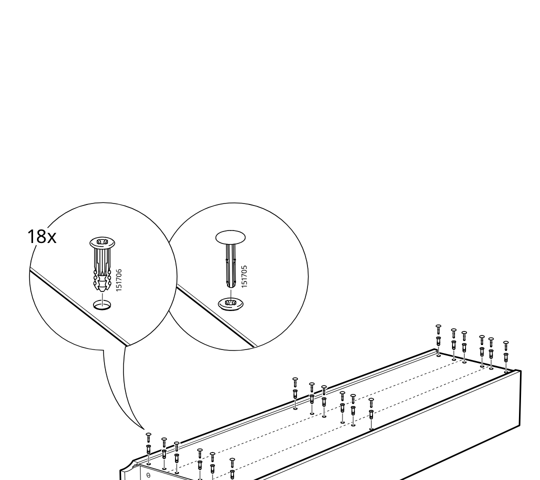 Diagram for step 9: Install 18 cover plugs into the predrilled holes along the long panel, using either ribbed plug 151706 or cap plug 151705 as shown in the zoom callouts.