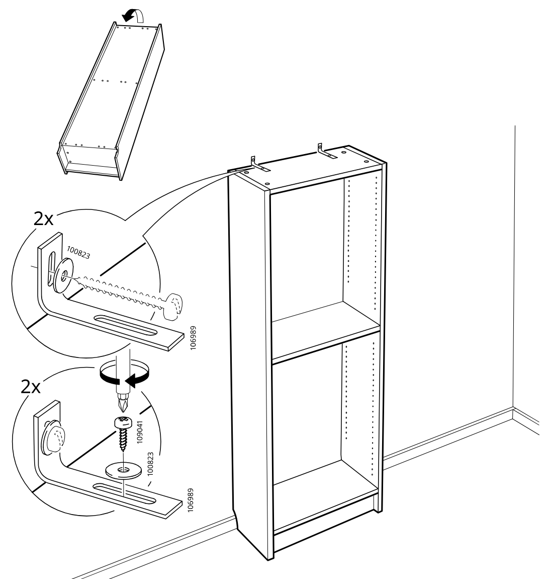 Diagram for step 10: Attach two wall brackets to the top of the cabinet and fasten them to the wall, using either the long screw with washer or the shorter screw with washer through the slotted bracket.