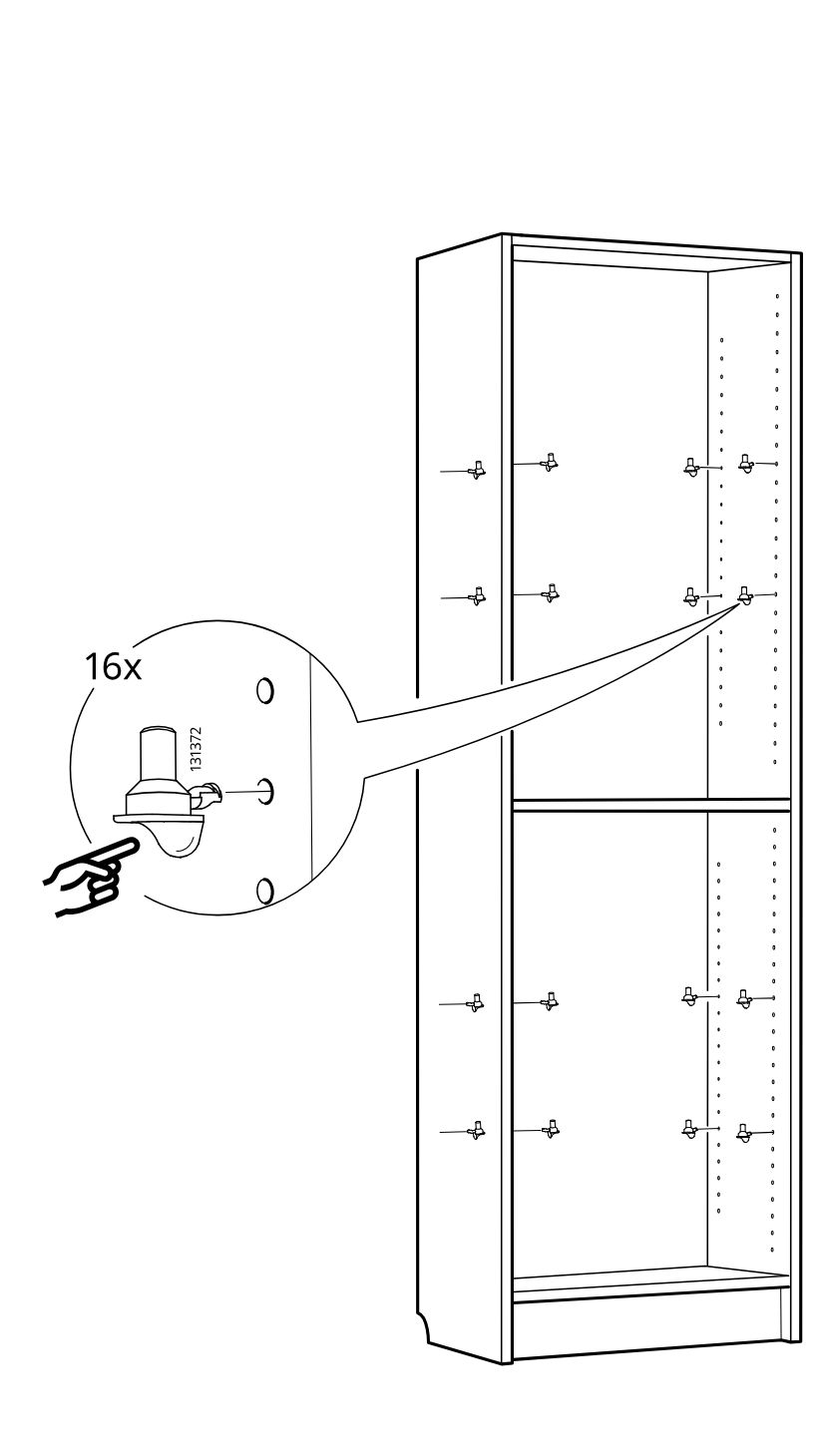 Diagram for step 11: Insert sixteen shelf support pins into the cabinet side panels at the desired hole positions, as shown in the zoom callout.
