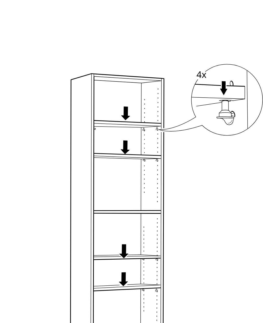 Diagram for step 12: Insert four shelves into the cabinet and seat each shelf onto the support pins, as shown in the zoomed detail.