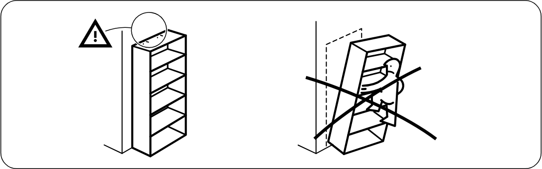 Illustration for assembly note: Safety panel shows the tall cabinet must be secured to the wall and must not be climbed on or left unsecured.