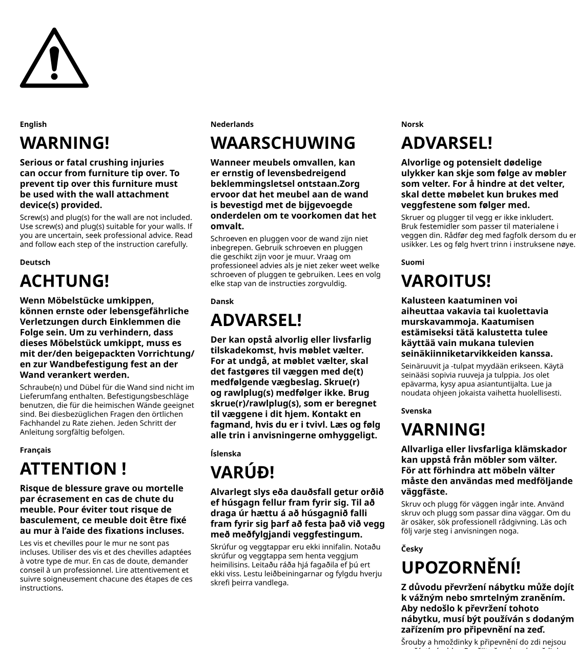 Illustration for assembly note: Multilingual tip-over safety warning page stating that serious or fatal crushing injuries can occur if furniture tips over and that the furniture must be attached to the wall with suitable wall fasteners.
