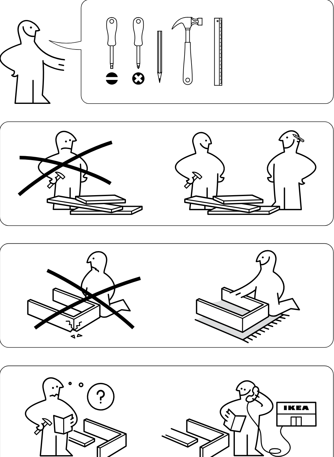 Illustration for assembly note: Preparation and safety guidance panels show required tools, advise that assembly should not be done alone and may require two people, instruct assembling on a soft surface instead of directly on the floor to avoid damage, and suggest consulting the manual or contacting IKEA for help if needed.
