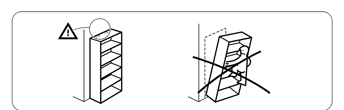 Illustration for assembly note: Top safety panel shows the tall shelving unit must be secured upright and not climbed on or used unstabilized.