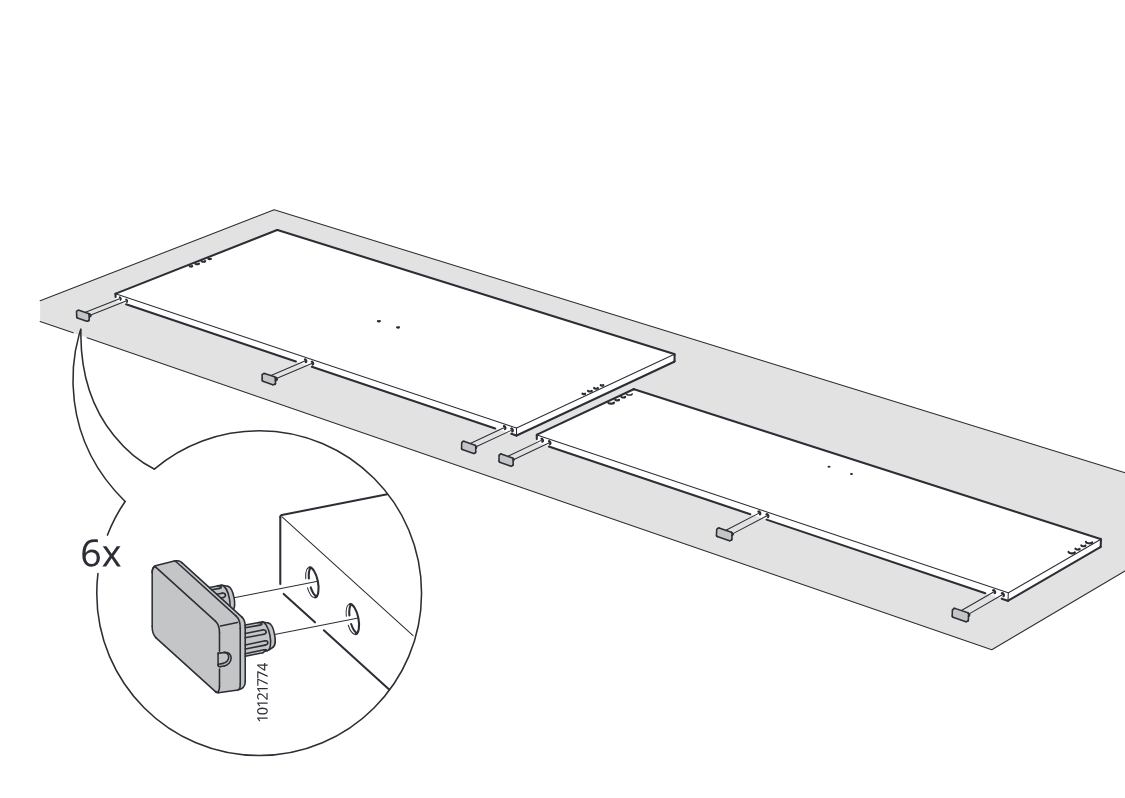 Diagram for step 1: Six plastic fittings 10121774 are inserted into the predrilled holes along the edges of the two panels.