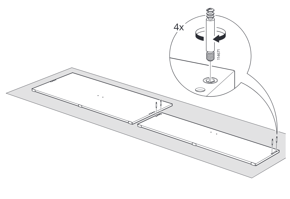 Diagram for step 2: Four connector bolts 114671 are screwed into the indicated holes at the panel ends and center joint area.