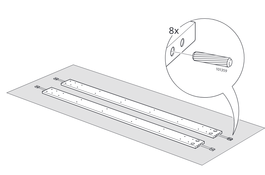 Diagram for step 3: Insert 8 wooden dowels 101359 into the indicated holes at the ends of the two long panels.