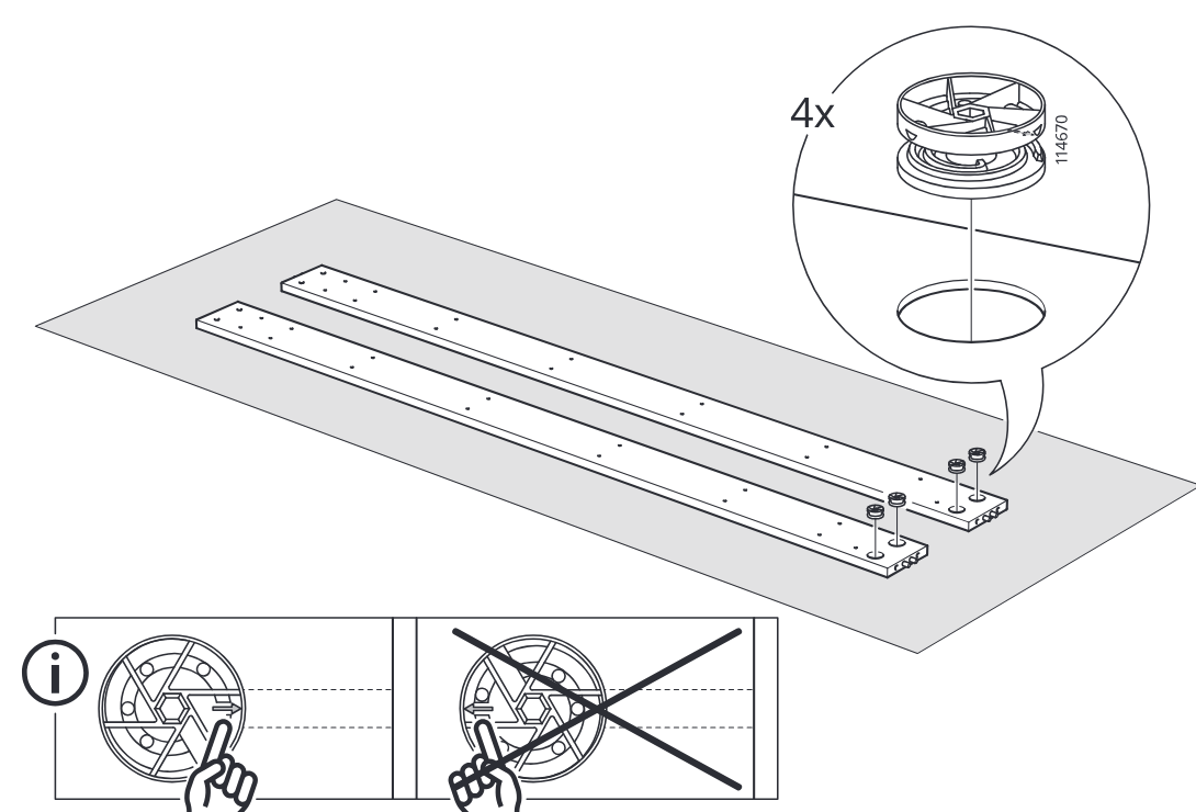 Diagram for step 4: Place 4 cam locks 114670 into the large end holes of the two long panels in the shown orientation.