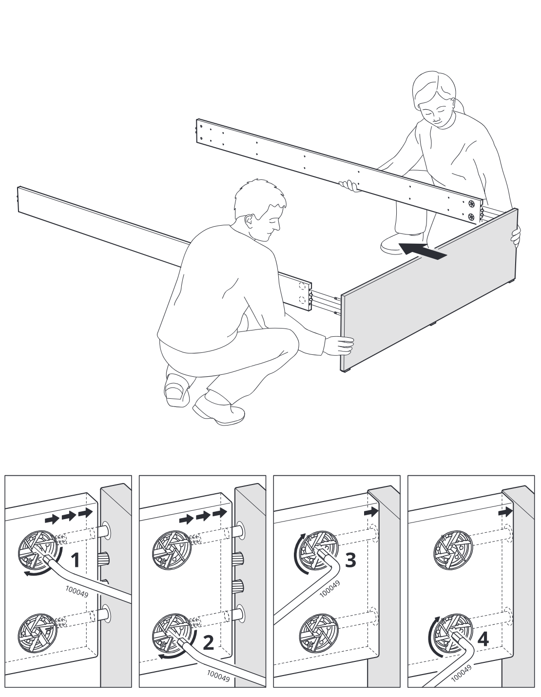 Diagram for step 5: Two people align the long side rails with the end panel and then tighten the four cam locks using tool 100049 in the shown order.
