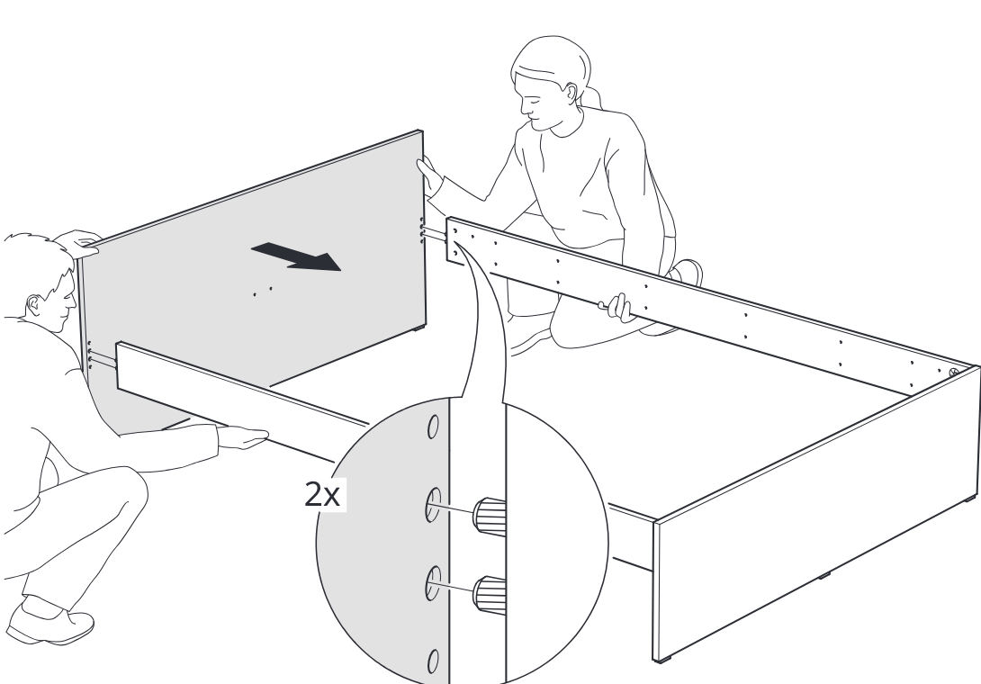 Diagram for step 6: Two people bring the large end panel into place and tighten two cam locks to join it to the bed frame side panels.
