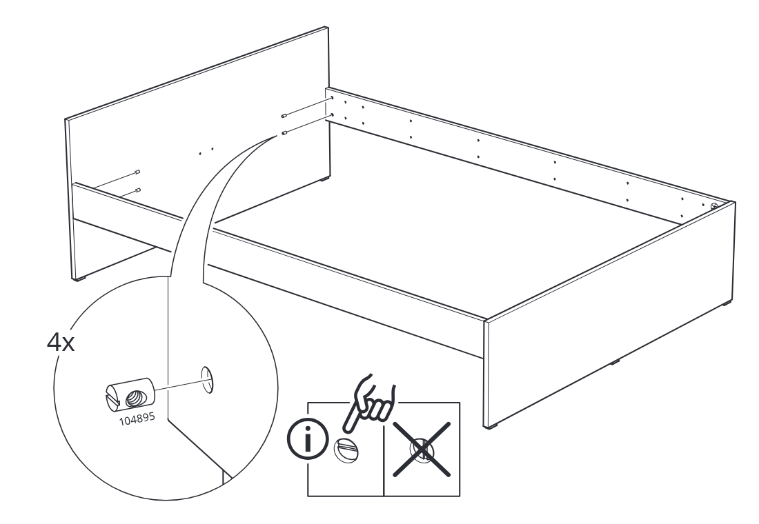 Diagram for step 7: Four threaded barrel nuts are inserted into the end panel holes, with the info box indicating the slot orientation and warning against incorrect alignment.