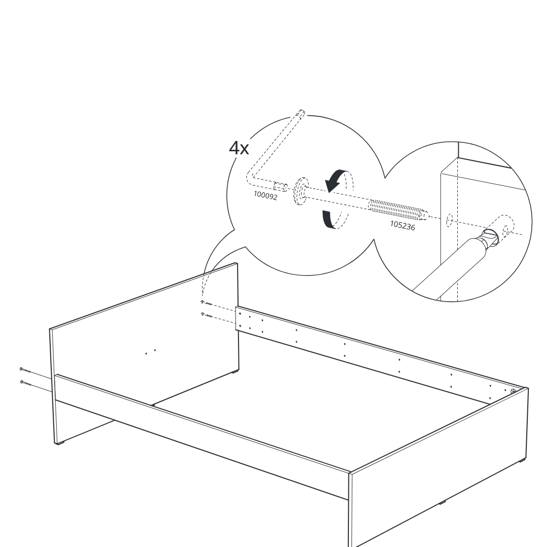 Diagram for step 8: Tighten four long connector bolts into the side panel with the hex key to secure the bed frame, as shown in the zoom callout.