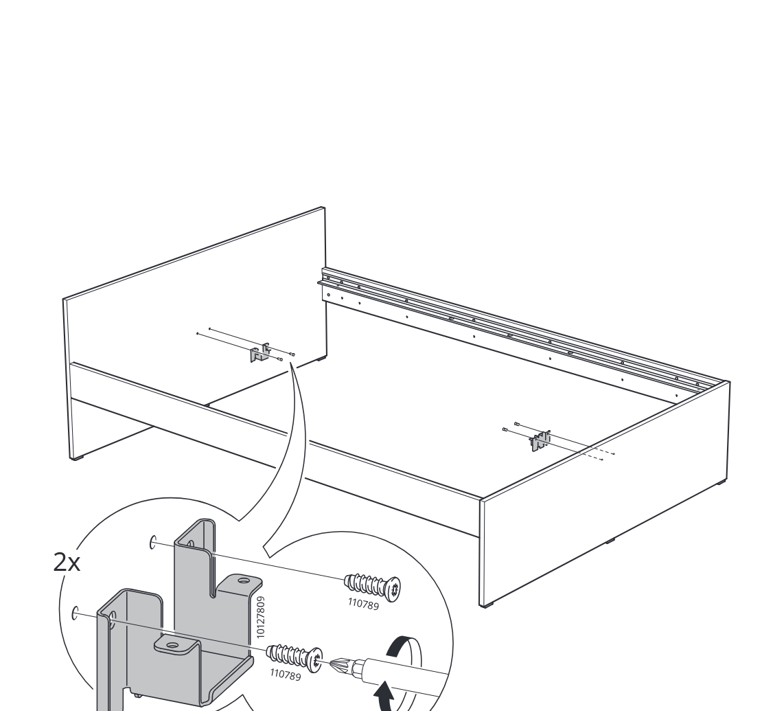 Diagram for step 10: Attach two metal brackets to the inner side panels of the bed frame using two screws each, as shown in the enlarged screwdriver callout.