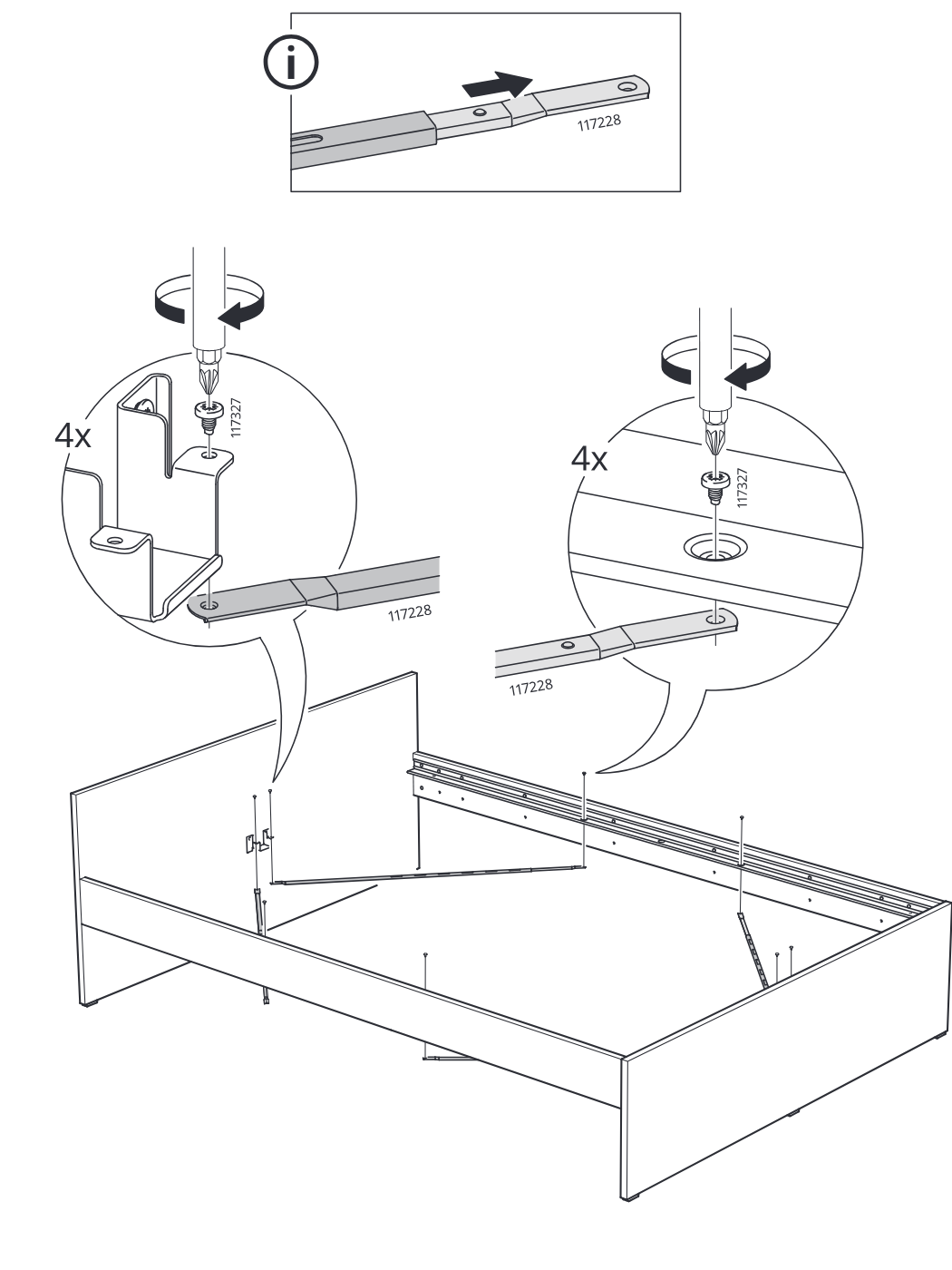 Diagram for step 11: Extend rail part 117228 as shown in the info panel, then fasten it with four 117327 screws on each side inside the bed frame.