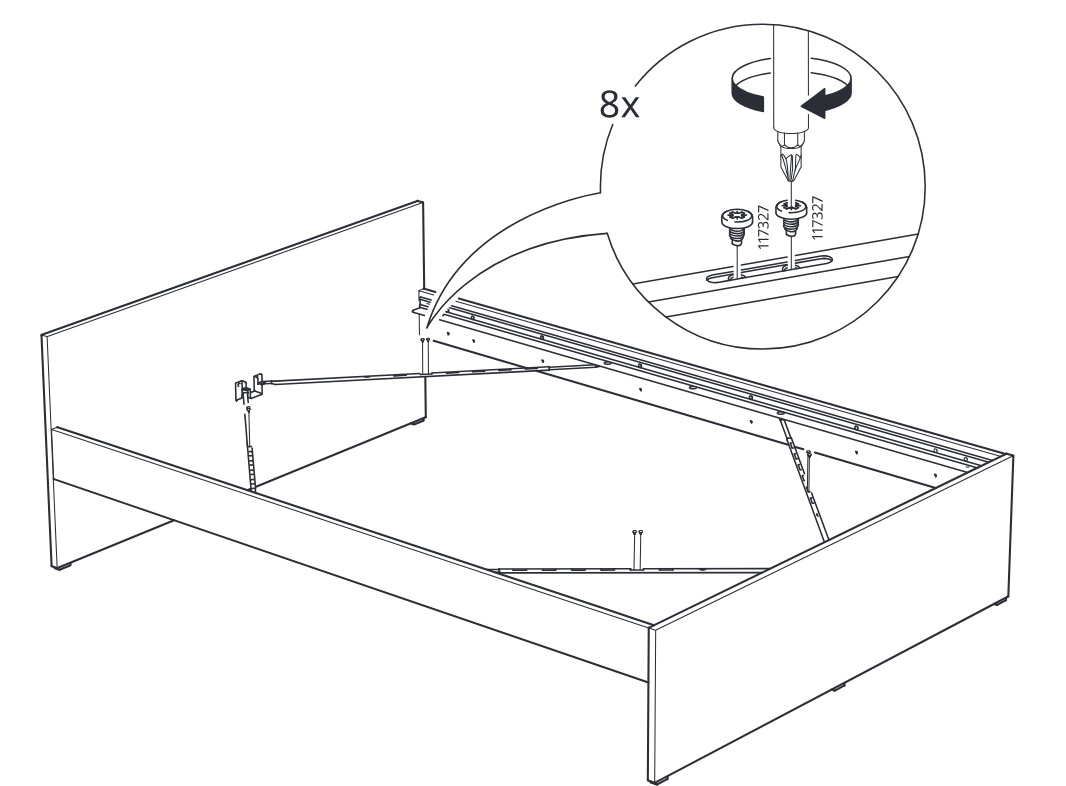 Diagram for step 12: Tighten 8 screws in the bed frame while ensuring the frame remains square, as shown in the zoom callout.