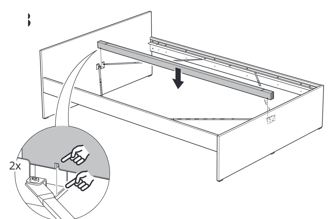 Diagram for step 13: A long center support beam is lowered into the bed frame and the locking tabs at both ends are pressed into place twice.