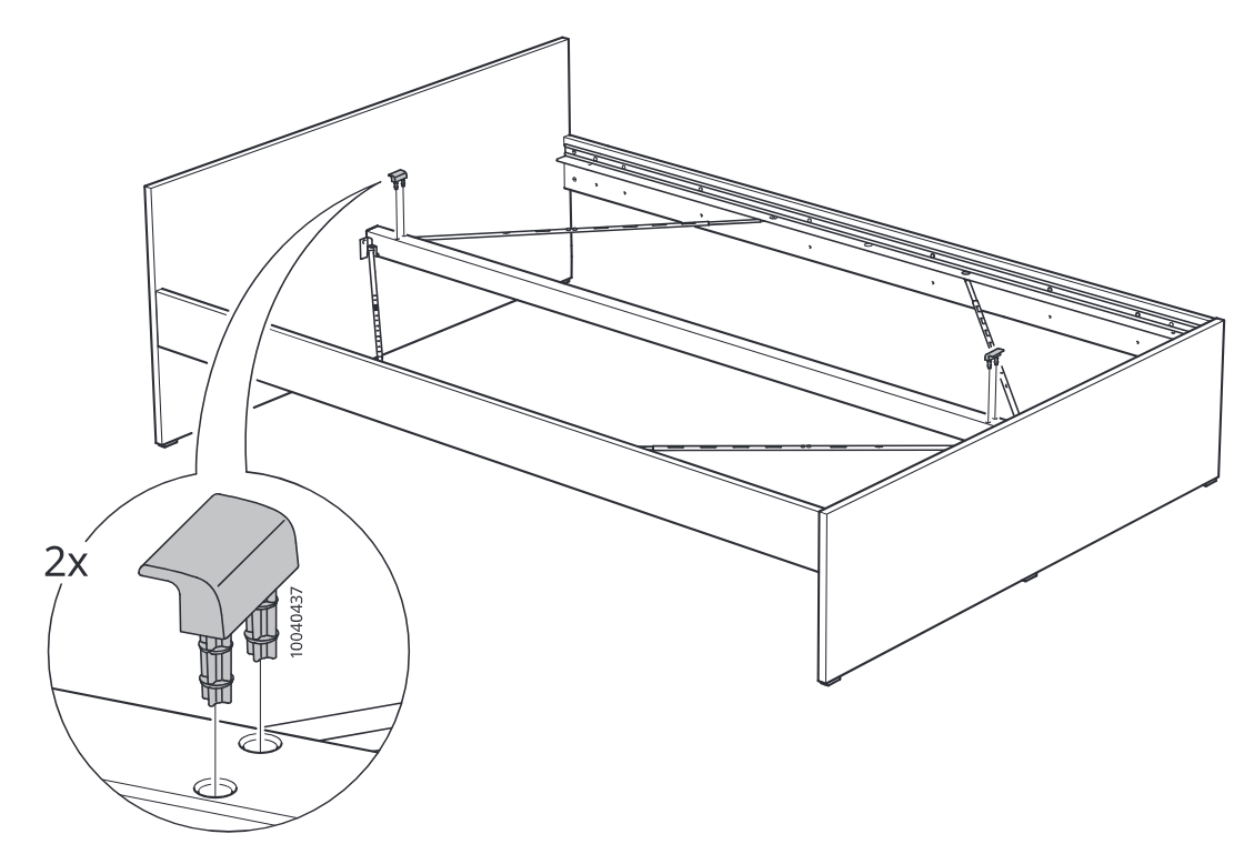 Diagram for step 14: Two plastic caps part 10040437 are inserted into the holes at the ends of the installed support beam.