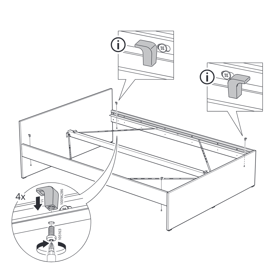 Diagram for step 15: Attach four gray clip brackets onto the bed frame rails and tighten the screws from below, with zoom callouts showing the two possible bracket orientations on the rail.