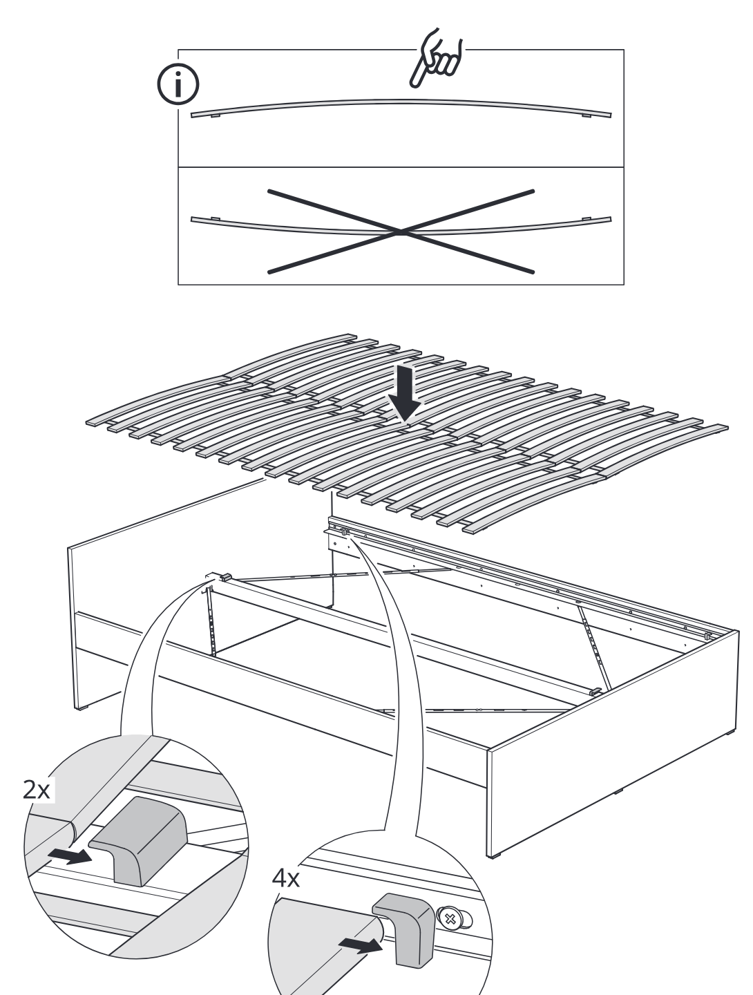 Diagram for step 16: Place the curved slatted base into the bed frame with the slats arched upward, then slide the two end retainers and four side clips into position to secure it.