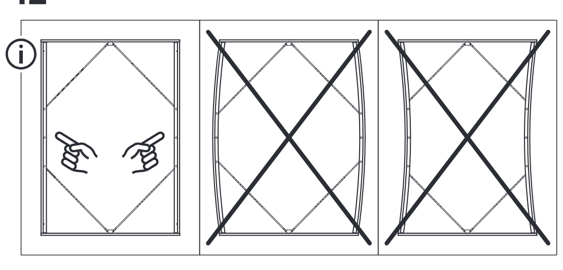 Illustration for assembly note: Information panel showing the correct frame squareness check by comparing the back brace pattern, with two crossed-out distorted alternatives.