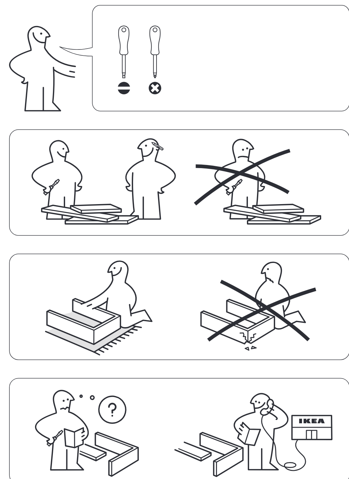 Illustration for assembly note: Preparation and safety panels show required tools (flathead and Phillips screwdrivers), advise two people for assembly rather than one, instruct assembling on a soft surface instead of directly on the floor, and indicate contacting IKEA for help if parts or instructions are unclear.
