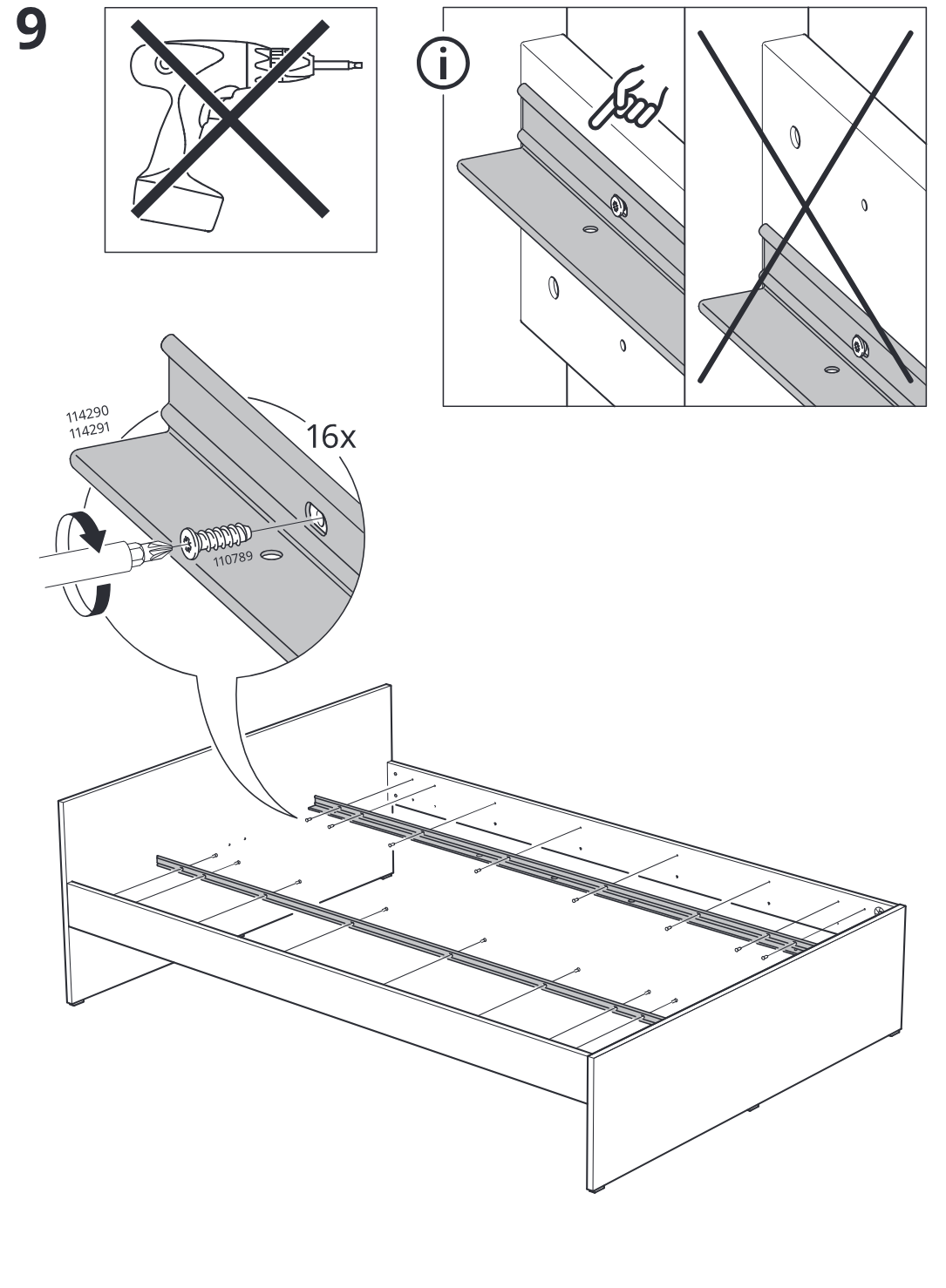 Illustration for assembly note: Parts-bag reference page 9 showing not to use a power drill, an information panel on rail orientation/placement with a correct and incorrect example, and the main instruction to drive 16 screws (110789) into rails 114290/114291 on the bed frame.