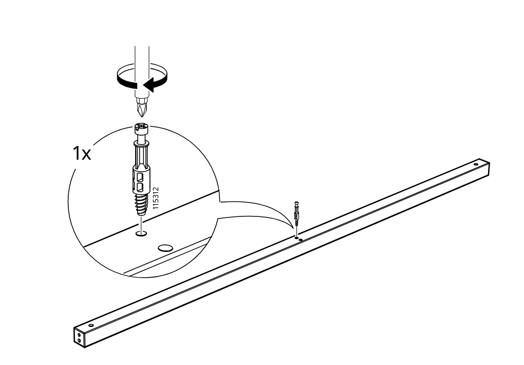 Diagram for step 1: A cam screw (115312) is inserted into the rail and tightened with a screwdriver, shown with a zoomed detail and 1x quantity.