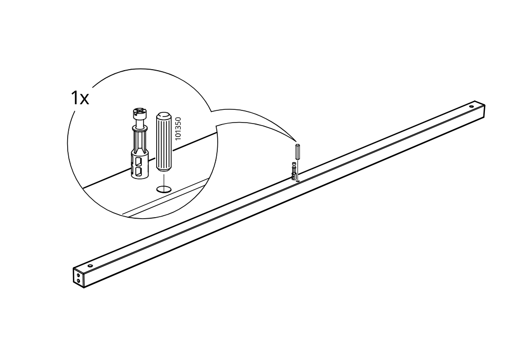 Diagram for step 2: A plastic sleeve (101350) is placed over the installed cam screw on the rail, shown in a zoomed detail with 1x quantity.