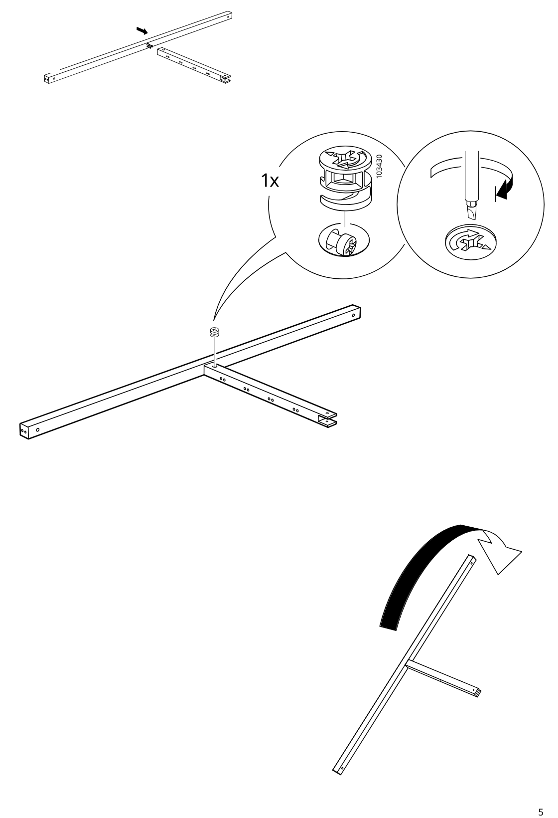 Diagram for step 3: The long rail is joined perpendicularly to the shorter perforated rail, one cam lock (103430) is inserted and tightened with a screwdriver, and the assembled frame is then rotated as indicated.