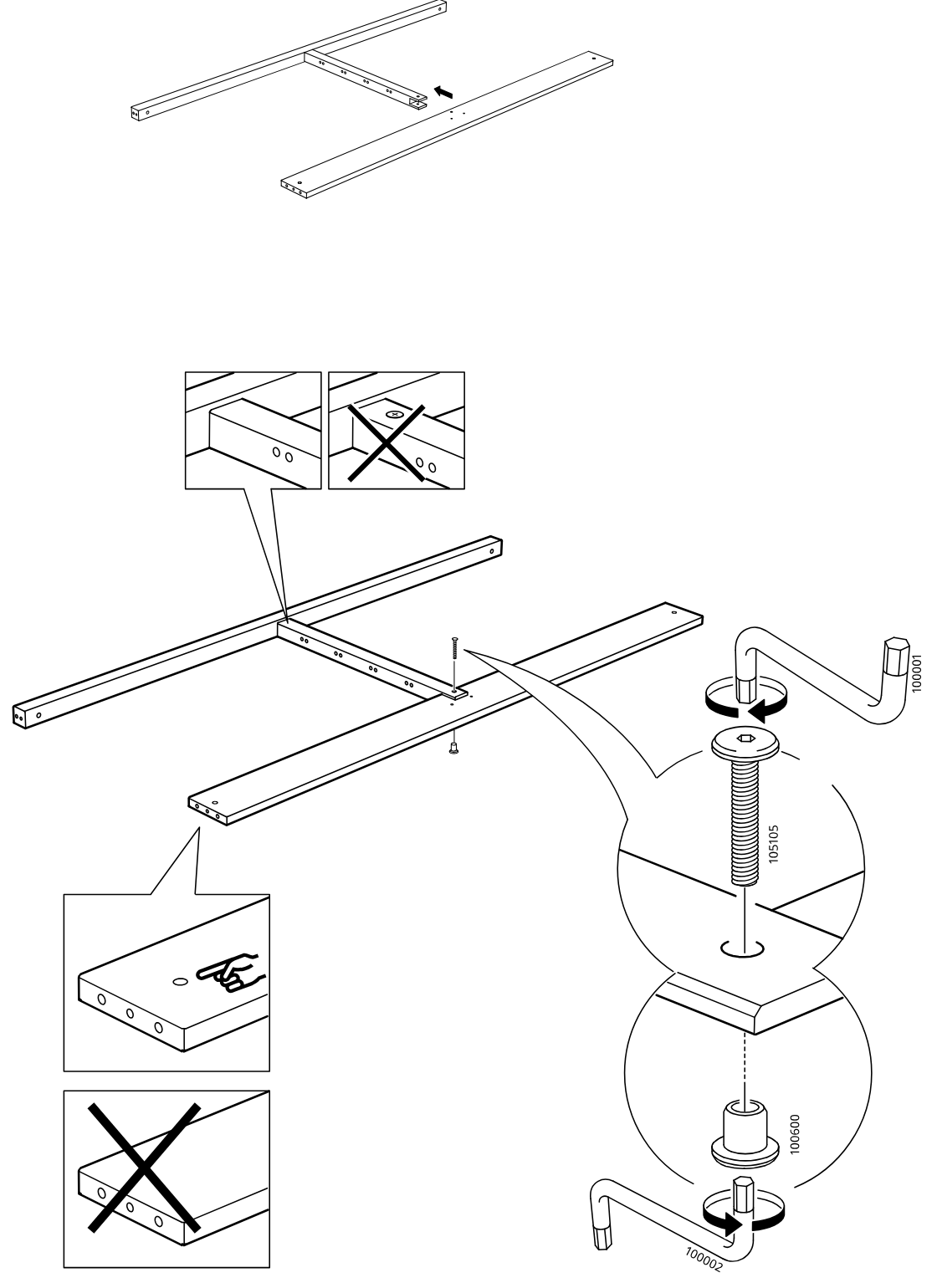 Diagram for step 4: The long rail assembly is aligned onto the board and fastened with screw 105105 into insert 100600 using hex key 100001/100002, while the callouts show the correct board orientation and to avoid placing the fastener in the wrong hole.
