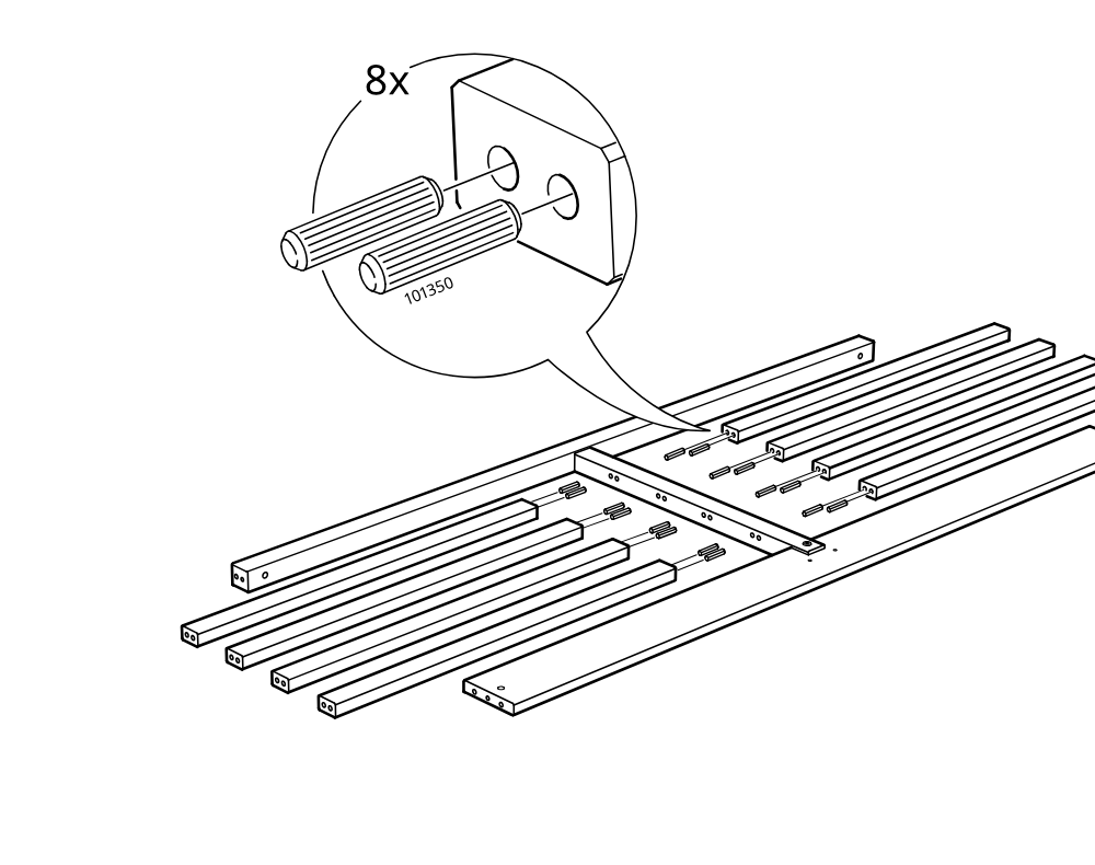 Diagram for step 5: The builder inserts eight wooden dowels (101350) into the predrilled ends of the long frame rails as shown in the zoom detail.