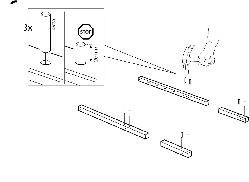 Diagram for step 6: The builder taps eight 128780 pins into the rail holes and stops when each pin remains about 20 mm above the surface, using a hammer as indicated.